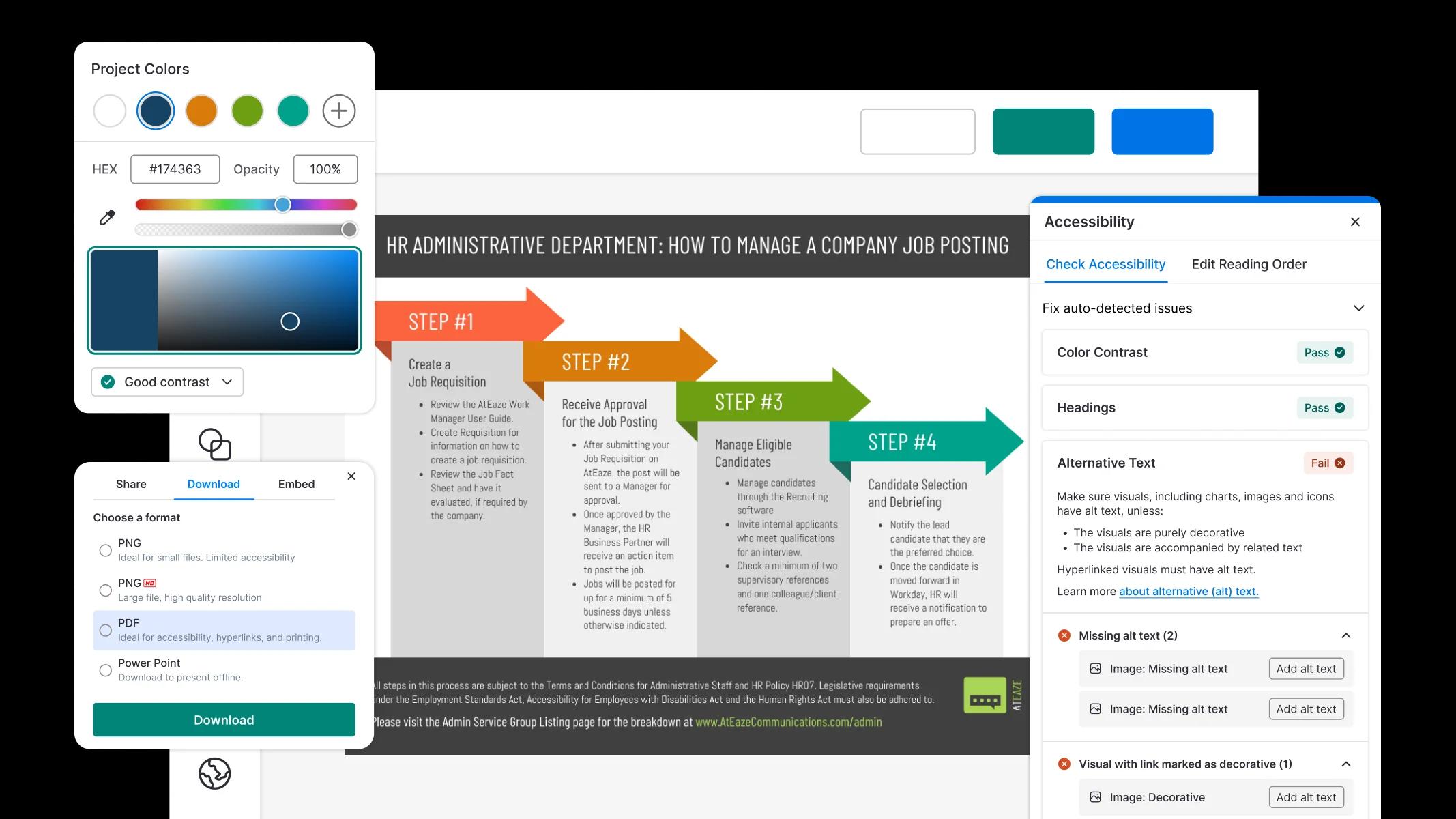 Venngage Accessible PDF Maker features including color contrast checker, accessibility checker and tag order