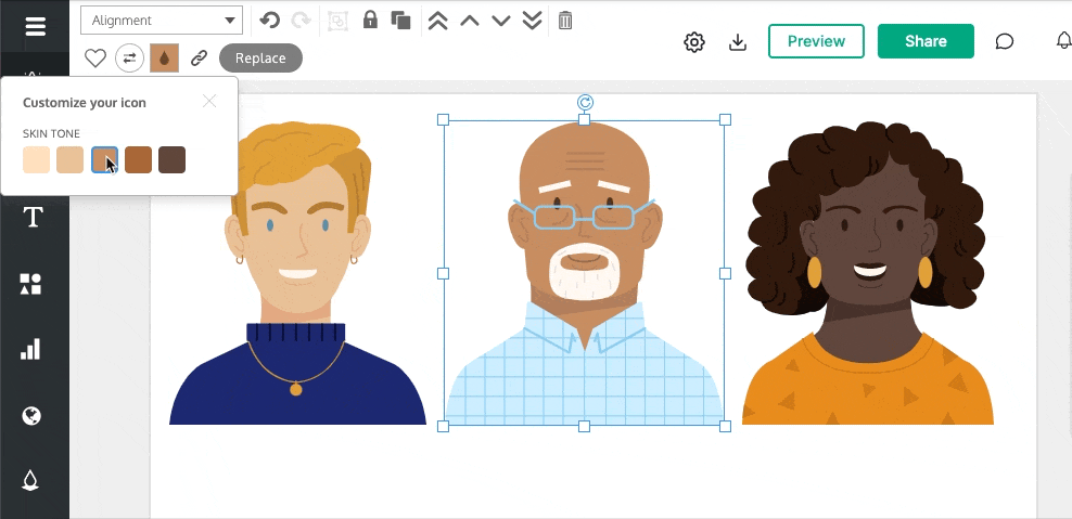 A GIF showing skin tone being customized on an icon of a person in the Venngage editor.